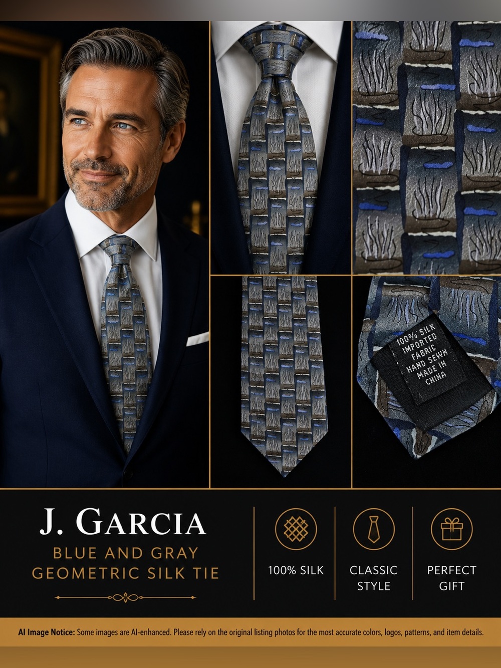 J. Garcia Blue and Gray Geometric Silk Tie